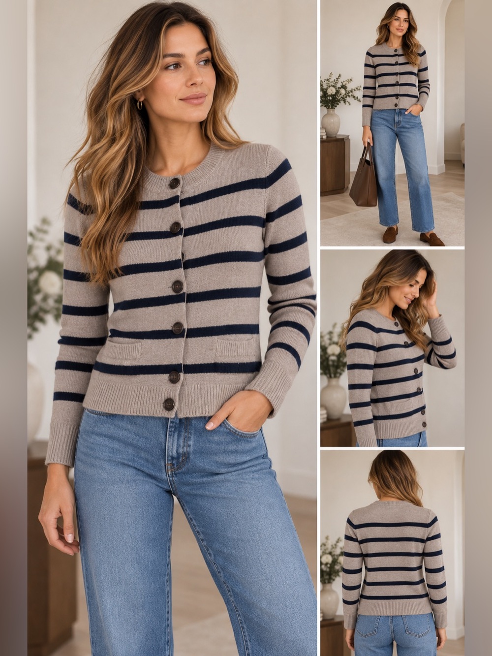 Jenni Kayne Cooper Cardigan S Taupe Navy Stripe Quiet Luxury Preppy Cashmere